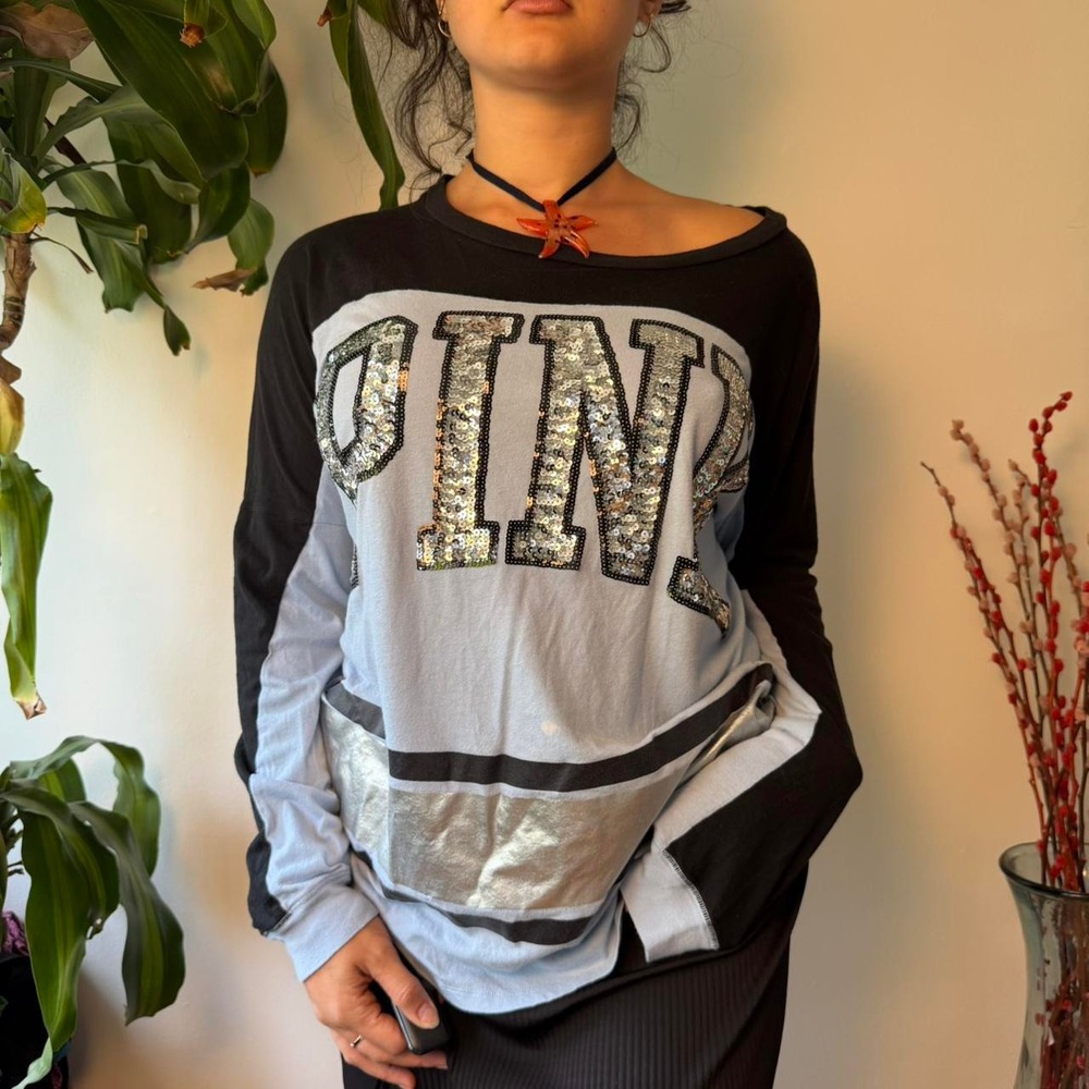 Victoria's Secret PINK Sequin Spell Out Logo Color Block Long Sleeve Shirt Blue